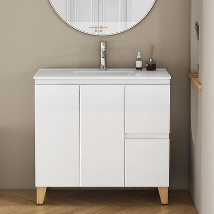 36" Freestanding Bathroom Vanity with Sink, High Gloss White Cabinet, Mid-Century Solid Wood Legs, 2 Doors & 2 Side Drawers, Scandi Modern Storage for Master Bath