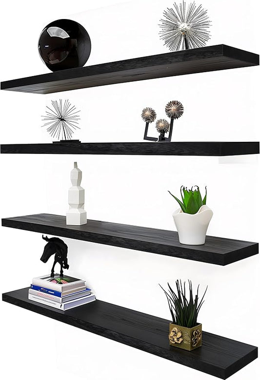 36 Inch Floating Shelves for Wall Rustic Black Wood Wall Shelves for Bedroom Set of 4
