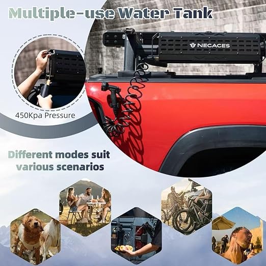 4.5Gallon Pressurized Water Tank,Portable Aluminum Camping Shower Water Storage with Spray Hose for Outdoor Activities Water Supply.Side Mounted on The Gantry of a Pickup Truck.