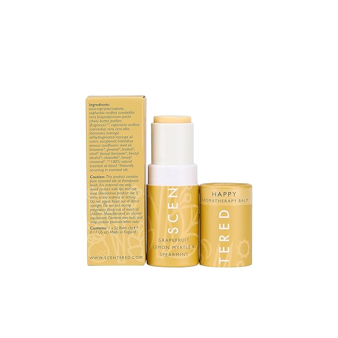 Scentered Aromatherapy Balm Stick - Happy - Mood Boost Roll On Essential Oils Blend for Positive Thinking - Grapefruit, Cedarwood, Lemon Myrtle Essential Oil - Self-Care Stocking Stuffers for Women