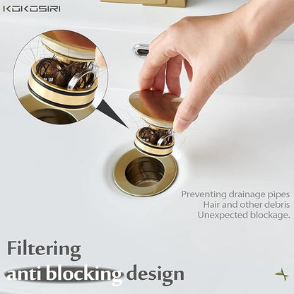 KOKOSIRI Bathroom Sink Drain with Detachable Hair Catcher, Brushed Gold Pop Up Sink Drain with Strainer Basket Anti Clogging for Vanity Vessel Sink with Overflow, C1001BG