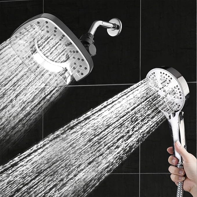 Shower Head with Handheld Spray Combo 2 in 1 Rainfall High Pressure with 59" Rotatable Stainless Steel Hose 9 Spray Modes Detachable Silver
