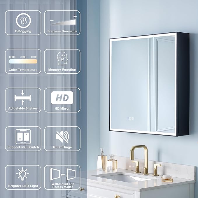 WELLFOR 30" X 30" LED Mirrored Medicine Cabinet, Medicine Cabinets with Lights for Bathroom, Defogging Function Mirror Cabinet, Bathroom Medicine Cabinet with USB Port & Outlet, Double Doors