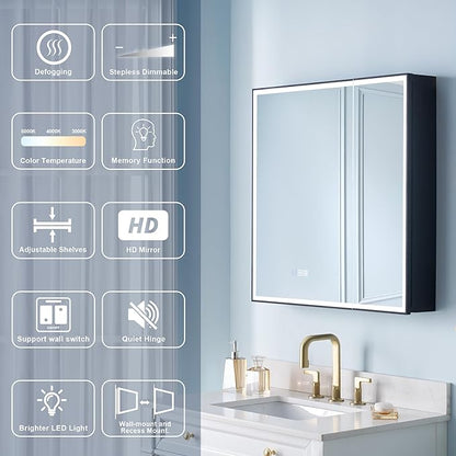 WELLFOR 30" X 30" LED Mirrored Medicine Cabinet, Medicine Cabinets with Lights for Bathroom, Defogging Function Mirror Cabinet, Bathroom Medicine Cabinet with USB Port & Outlet, Double Doors