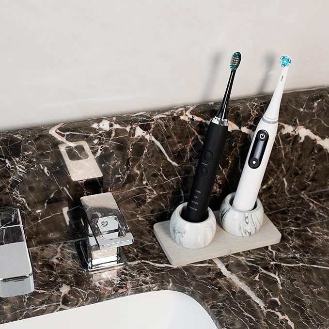 2 Pack Ceramic Toothbrush Holder with Diatomite Toothbrush Tray for Bathroom Shower Countertop Storage Organizer, Small Toothpaste Razor Electric Tooth Brush Head Stand (Grey)