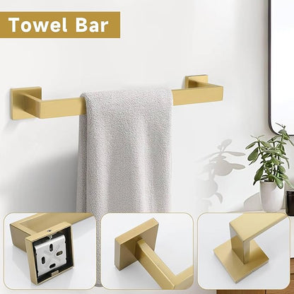 Brushed Gold 5 Pieces Bathroom Hardware Accessories Set Towel Bar Set Towel Holder&Racks Set for Bathroom,SUS304 Stainless Steel,Wall Mounted 16-Inch