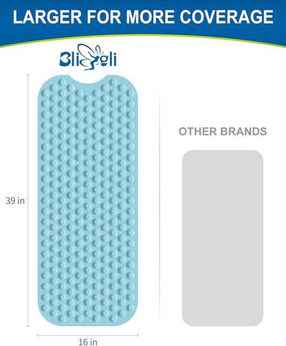 Bligli Bathtub Mat Non-Slip Without Suction Cups, 39x16inch Extra Long Bath Mats for Shower Bathroom, Machine Washable Natural Rubber Shower Tub Mat (39x16inch, Sky Blue)