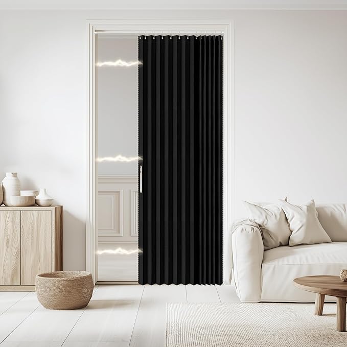 Accordian Door Curtain, 100% Blackout Folding Magnetic Doorway Curtains,Linen Style Closet Doors,for Room Divider,Privacy Protection（W52 x L78,Black,1 Panel）