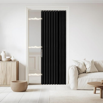 Accordian Door Curtain, 100% Blackout Folding Magnetic Doorway Curtains,Linen Style Closet Doors,for Room Divider,Privacy Protection（W52 x L78,Black,1 Panel）