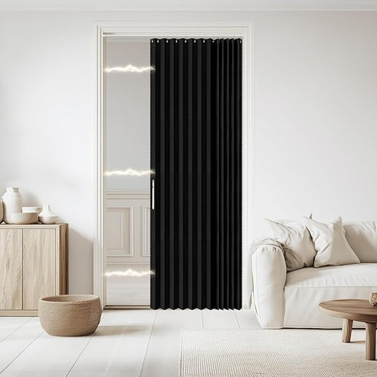 Accordian Door Curtain, 100% Blackout Folding Magnetic Doorway Curtains,Linen Style Closet Doors,for Room Divider,Privacy Protection（W52 x L78,Black,1 Panel）