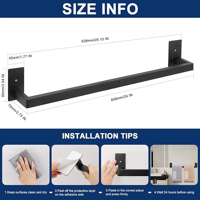 NearMoon Self Adhesive Bathroom Towel Bar, Stainless Steel Square Bath Wall Shelf Rack Hanging Towel Stick On Sticky Hanger Contemporary Style, Towel Rack Wall Mounted (24 Inch, Matte Black)