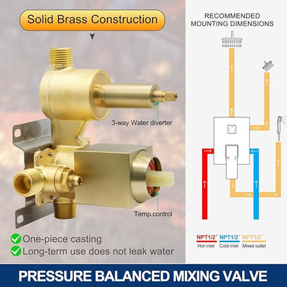 Rain Shower Head System with 14x20 Inch Ceiling Mount LED Head & 6 Inch Wall Head and Handheld Shower 3 Way Pressure Balance Valve Kit,Brushed Gold