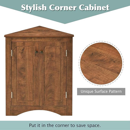 Corner Storage Cabinet with Adjustable Shelves, Triangle Bathroom & Kitchen Organizer, Freestanding Floor Cabinet for Toilet Kitchen Bathroom Cleaning Supplies (Brown)