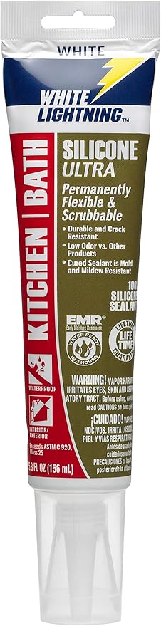 White Lightning W21100005 Silicone Ultra Kitchen & Bath Sealant, White, 5.3 fl. oz.