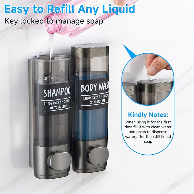 Shampoo and Conditioner Dispenser,GlintGath Shower Dispenser 2 Chamber No Drill Shampoo Dispenser for Shower Wall Mounted Shower Soap Dispenser for Bathroom Hotel,2 * 300ML,Gun Gray