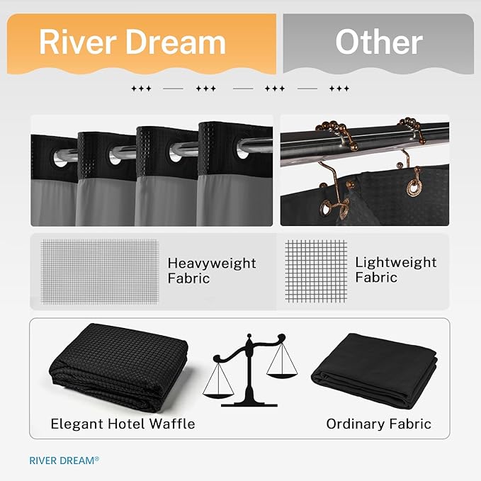 River Dream Stall Heavyweight No Hooks Required Dotted Waffle Weave Shower Curtain with Snap in Liner - 36W x 74H,Hotel Grade,Spa Like Bath Curtain,Graphite Black