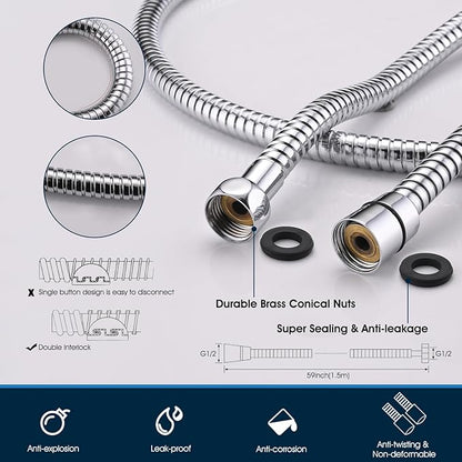 All-Metal High Pressure Square Handheld Shower Head with Jet Spray and Rainfall Modes, Volume Control Regulator, ON/OFF Switch, Hose and Wall Mounted Adjustable Bracket, Chrome Color