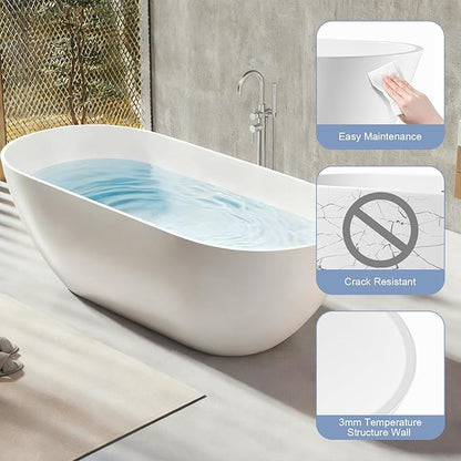 59 Inch Solid Surface Freestanding Bathtub, Oval Shaped Soaking Stone Resin Bath Tub with Brushed Overflow and Drain, Matte White Stand Alone Bathtub, cUPC Certified