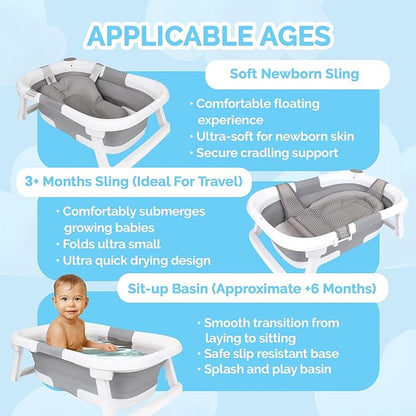 BEBELEH™ Collapsible Baby Bathtub – Bathtub + Baby tub Sling + Newborn Sling – Baby Bathtub Newborn to Toddler 0-24 Months – The Ultimate Travel Baby Bath Tub and Everyday Use! (Gray)