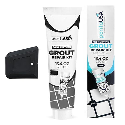 PentaUSA Tile Grout - 13.4 oz Black Grout Filler Repairs Renews Tube, Fast Drying Grout Repair Kit, Odorless Formula - Grout Floater Included (Black 13.4oz / 380gr)