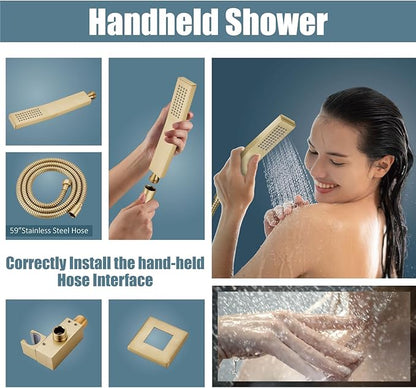 Aolemi Ceiling Mount Shower System Rain Shower Head with Handheld Spray High Pressure Shower Faucet Set Rough-in Valve Shower Trim Kit Included Bathroom Brushed Gold 10 Inch Ceiling Shower Head