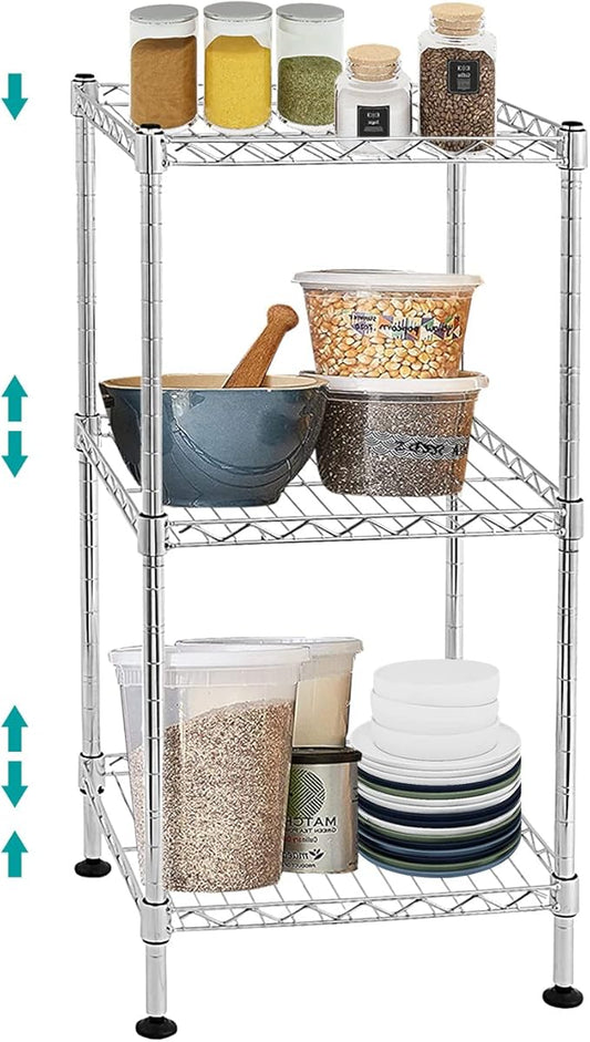 BNSPLY 3-Tier Adjustable Shelving Unit, Metal Wire Rack with NSF Certified, Leveling Feet, Standing Storage Shelf for Laundry, Bathroom, Kitchen, Pantry, Closet, Chrome