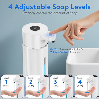 2025 Upgrade Automatic Soap Dispenser Touchless, 14.2oz/420ml Dish Hand Soap Dispenser for Bathroom and Kitchen, 4 Adjustable Volume, USB Rechargeable, Clog-Free, Large Capacity, White