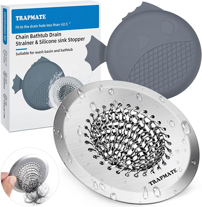 TRAPMATE Bathtub Stopper Drain Strainer Kit, 2.8" Easy Clean Tub Shower Drain Hair Catcher, Anti-Clog Stainless Steel Sink Cover, Bathtub Drain Protector Fit Wash Basin & Tub (Patented Product)