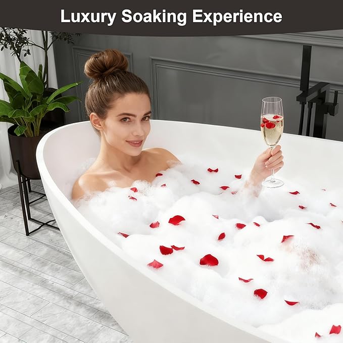 63 Inch Stone Resin Freestanding Bathtub, Modern Oval Soaking Bathtubs Tubs, Contemporary Solid Surface Bathtubs with Overflow and Pop-up Drain, Matte White