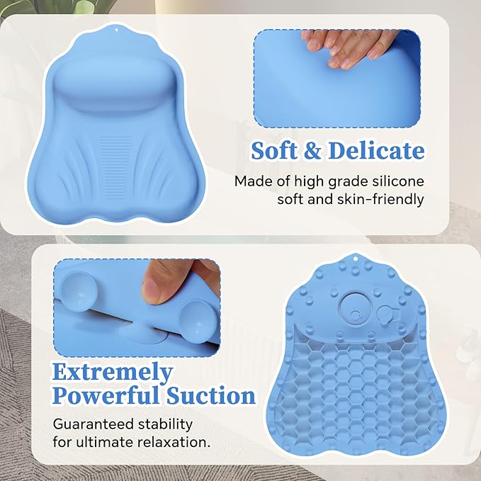 Silicone Bath Pillow for Tub Adults, 4D Air-Cushion Bathtub Pillow for Head Neck and Back Support, Non-Slip Suction Cups, Quick-Drying Waterproof Spa Pillow, Easy to Clean & Store，Blue