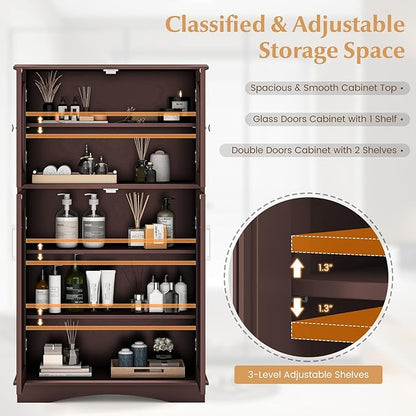 Tangkula Freestanding Floor Cabinet w/2 Glass Doors, 3-Level Adjustable Shelves, Anti-toppling Design, Kitchen Pantry Cupboard for Bathroom, Living Room (Brown)