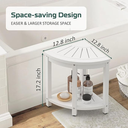 Waterproof Corner Shower Stool for Inside Shower, Poly Lumber Shower Bench Seat Chair, Bath Shower Stool for Shaving Legs Foot Rest with Storage Shelf, Adjustable & Non-Slip Feet, White