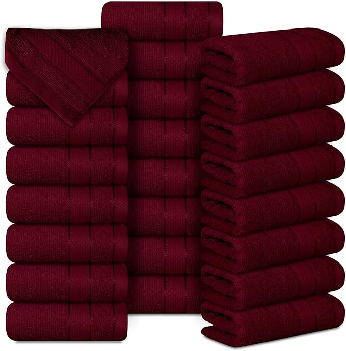 Casa Lino Face Towels & Body Wash Cloths for Showering - 100% Cotton Wash Cloths for Bathroom - Highly Absorbent & Quick Drying Washcloth Set - Cotton Washcloths 24 Pack (12" x 12") - (Burgundy)