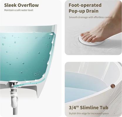 Abruzzo 59" Freestanding Bathtub Solid Surface - Oval Stone Resin Soaking Tub with Overflow & Pop-Up Drain, cUPC Certified Gloss White, Heavy Duty for Modern Bathroom