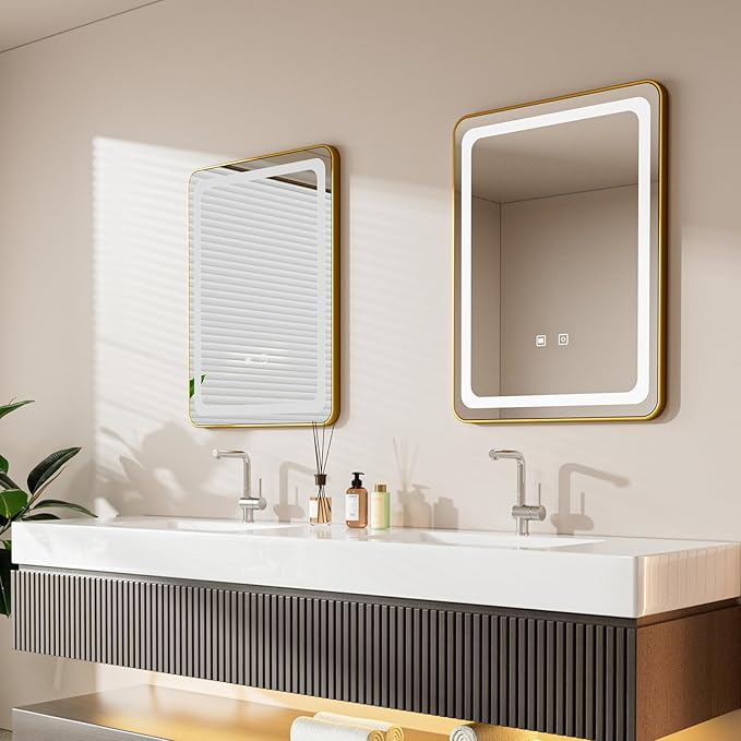 LED Bathroom Mirrors with Lights,24" x 36" Gold Square LED Mirror for Bathroom,Fogless,3 Colors Dimmable, Touch Sensor