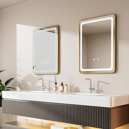 LED Bathroom Mirrors with Lights,24" x 36" Gold Square LED Mirror for Bathroom,Fogless,3 Colors Dimmable, Touch Sensor