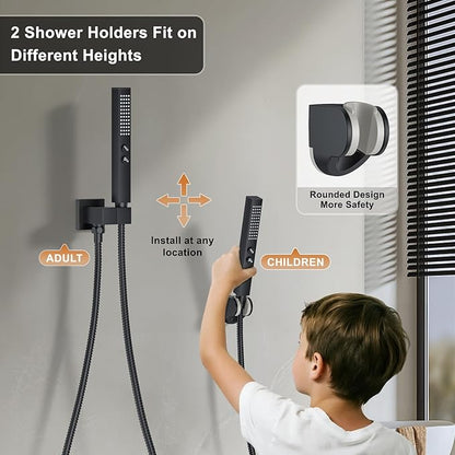 Rain Shower System Matte Black Shower Faucet Set, Dual Rainfall Shower Head Set with 2 in 1 Handheld Spray, Wall Mounted Bathroom 12-inch & 6-inch Square Showerheads with Valve, Matte Black
