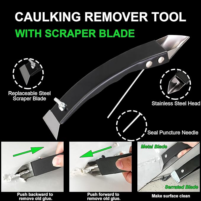 Silicone Caulking Tool Kit, Stainless Steel Caulk Remover & Grout Removal Tool, Sealant Finishing Kit with 3 Glass Glue Angle Scrapers for Kitchen Bathroom Window Sink Tile Joint