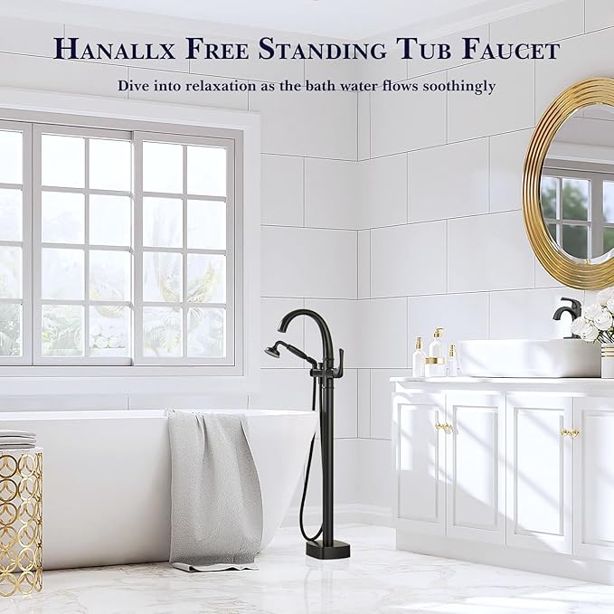 Free Standing Tub Faucet, Hanallx Luxury Matte Black Freestanding Bathtub Faucet with Sprayer, Premium Brass High Flow Rate Floor Mount Tub Filler Swivel Spout, Roman Tub Faucet Set（HM88011-BK）