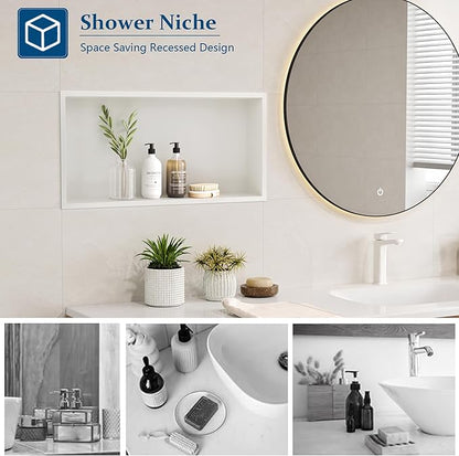 Neodrain White Recessed Shower Niche Shelf Bathroom Cabinet in Wall (Inner Size 24" X 12"x4") Stainless Steel No Tile Needed Wall Niche for Bathroom Storage