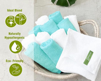 Washcloths 12 Pack 33 x 33 cm - Soft Face Cloths for Your Facial Towel, Wash Cloths for Your Body (White + Teal)