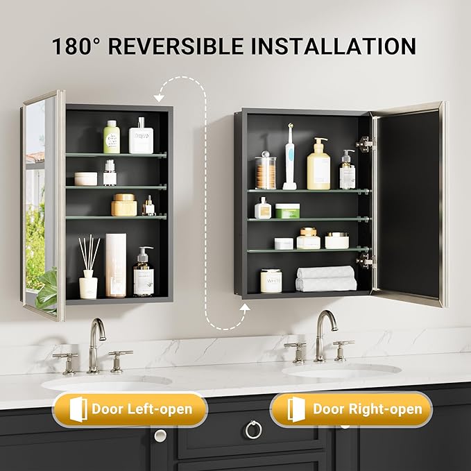 30x26 Pre-Assembled Bathroom Medicine Cabinet Mirror, Surface or Recessed Brushed Nickel Medicine Cabinet with Mirror & Rustproof Aluminum Frame, Beveled Bathroom Vanity Mirror with Storage