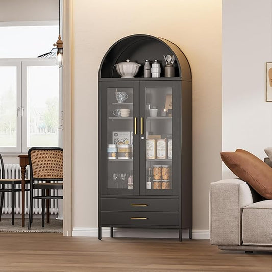 73''H Metal Arch Kitchen Pantry Cabinets, Arched Display Cabinet with Glass Doors&Drawers for Home Living Room, Assemble Required, Black