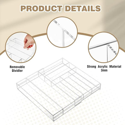 2 Pcs Acrylic Drawer Organizer 9'' up to 18'' x 15'' x 2'' Expandable Drawer Organizer Pens Notebook Ruler Makeup Tray with 7 Adjustable Compartments for Desk Office Kitchen Bathroom(Clear)