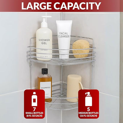 2-Tier Floor Standing Corner Shower Caddy - Sturdy Stainless Steel Bathroom Organizer Includes 2 Screws and Anchors - Freestanding or Wall-Mounted Shower Caddy - Silver