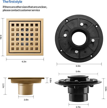 Shower Drain, Brushed Gold 4 inch Shower Floor Square Drain with Flange, Removeable Grid Panel SUS 304 Stainless Steel Square Shower Drain