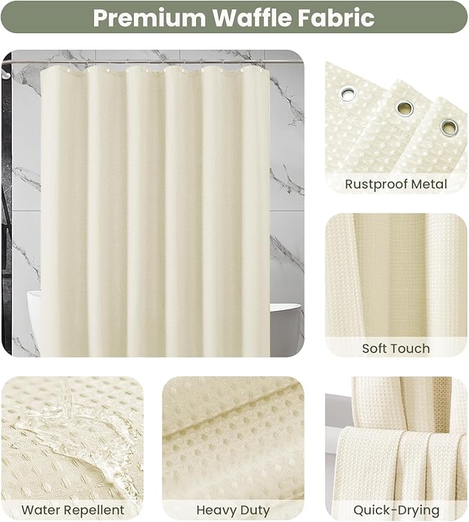 Inhousolu Fabric Shower Curtain Waffle Weave, 230 GSM Heavy Duty, Weighted Hem, 14 Metal Hooks, Water Repellent, Machine Washable, Hotel Spa Luxury Bath Curtain Set, 72 x 72 Inch, Ivory