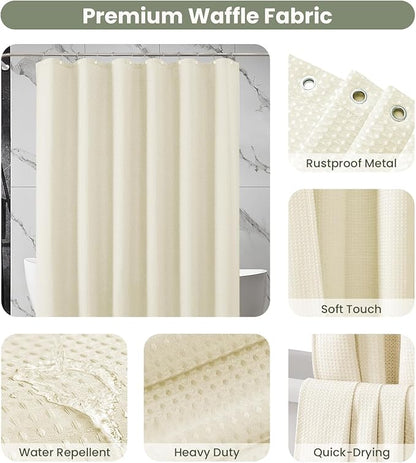 Inhousolu Fabric Shower Curtain Waffle Weave, 230 GSM Heavy Duty, Weighted Hem, 12 Metal Hooks, Water Repellent, Machine Washable, Hotel Spa Luxury Bath Curtain Set, 60 x 72 Inch, Ivory