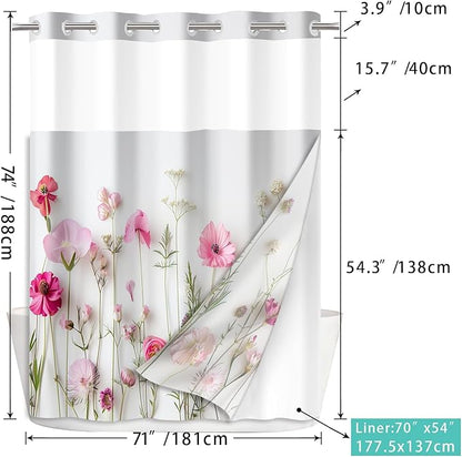No Hook Shower Curtain Set with Snap in Fabric Liner for Bathroom,with See Through Top Window,Double Shower Curtain with Detachable Liner Replacement,Machine Washable,Pink Flower,71"x 74"