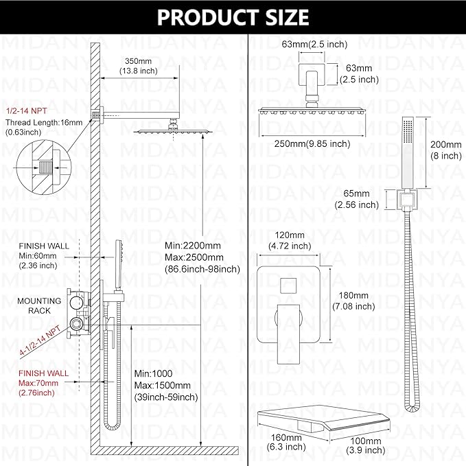 Midanya Rain Shower System with Tub Spout,Tub Shower Faucet Set with rainfall Shower Head and Handheld Spray,Wall Mount Tub Shower Combo Rough-in Valve Included,10 Inch Brushed Nickel
